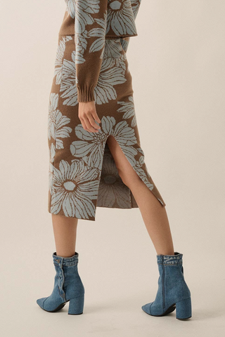 Brown/ Blue Floral Knit Skirt
