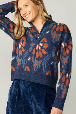 Blue Floral Mock Neck Sweater