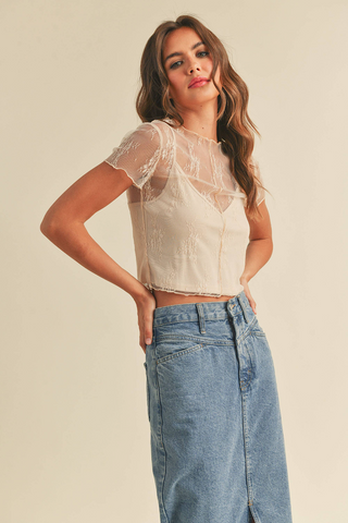 Short Sleeve Lace Overlay Top