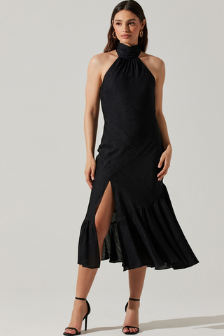 Jacquard Halter Black Dress