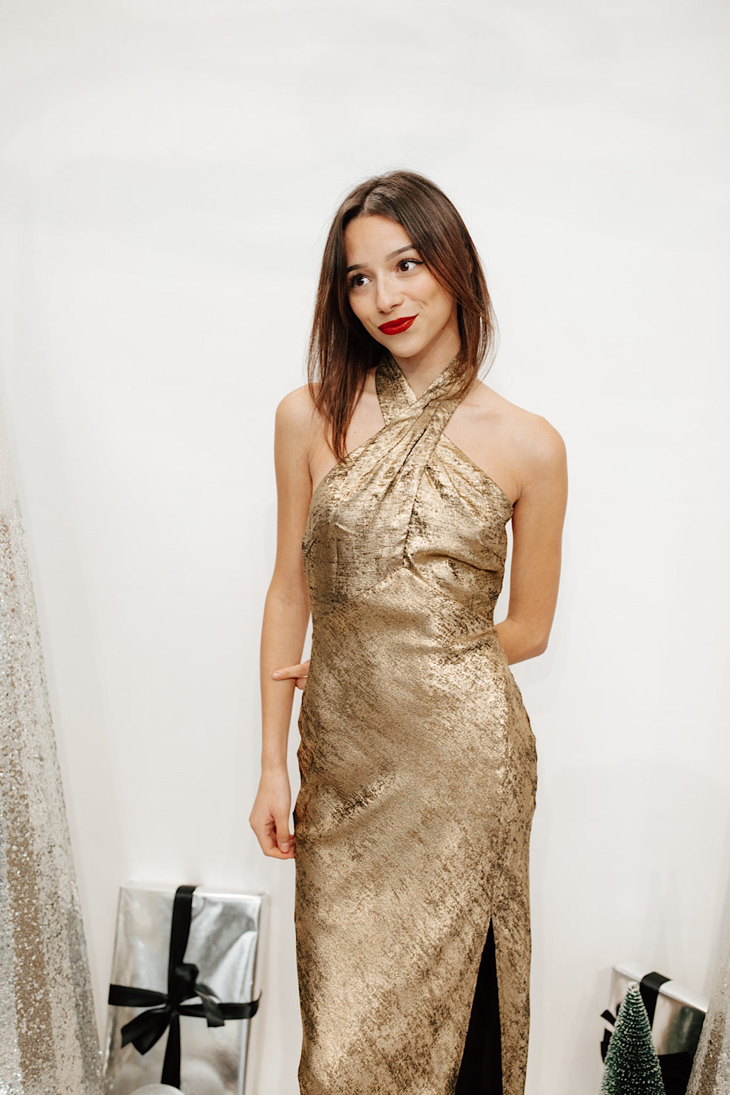 Gold Jacquard Halter Dress OMONI BOUTIQUE Gold Jacquard Halter Dress OMONI BOUTIQUE