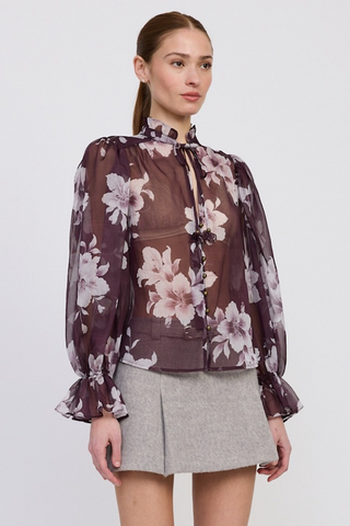 Plum Ruffled Floral Blouse