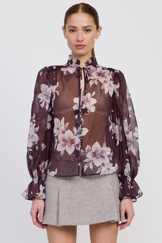Plum Ruffled Floral Blouse