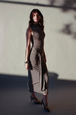 Twisted Belt Tie Grey Dress