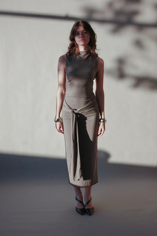 Twisted Belt Tie Grey Dress