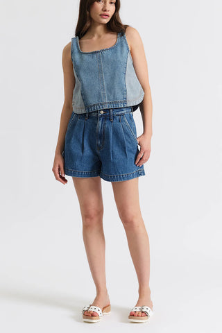 Pleated High-Rise Denim Short
