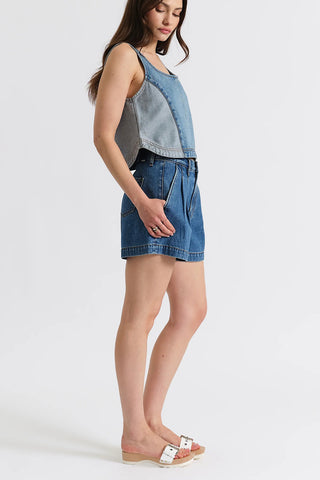 Pleated High-Rise Denim Short
