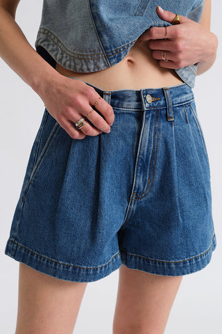 Pleated High-Rise Denim Short