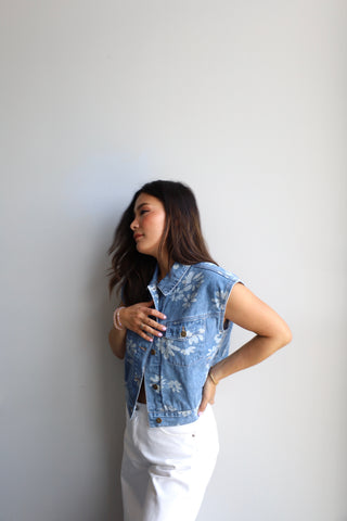 Floral Printed Denim Vest