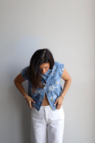 Floral Printed Denim Vest
