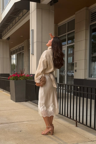Lace Hem Satin Midi Skirt