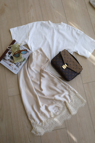 Lace Hem Satin Midi Skirt