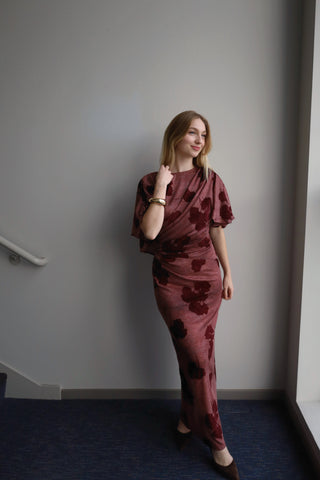 Fluttered Velvety Rose Dress